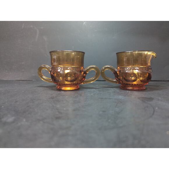 Indiana Glass Amber Kings Crown Creamer And Open Sugar Bowl, Vintage Yellow Glas - Picture 3 of 9